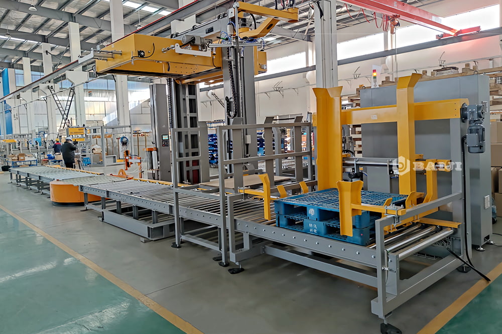 turntable pallet stretch film wrapping machine with conveyor wrapper finished product beverage industry PE film package carton box 4.jpg