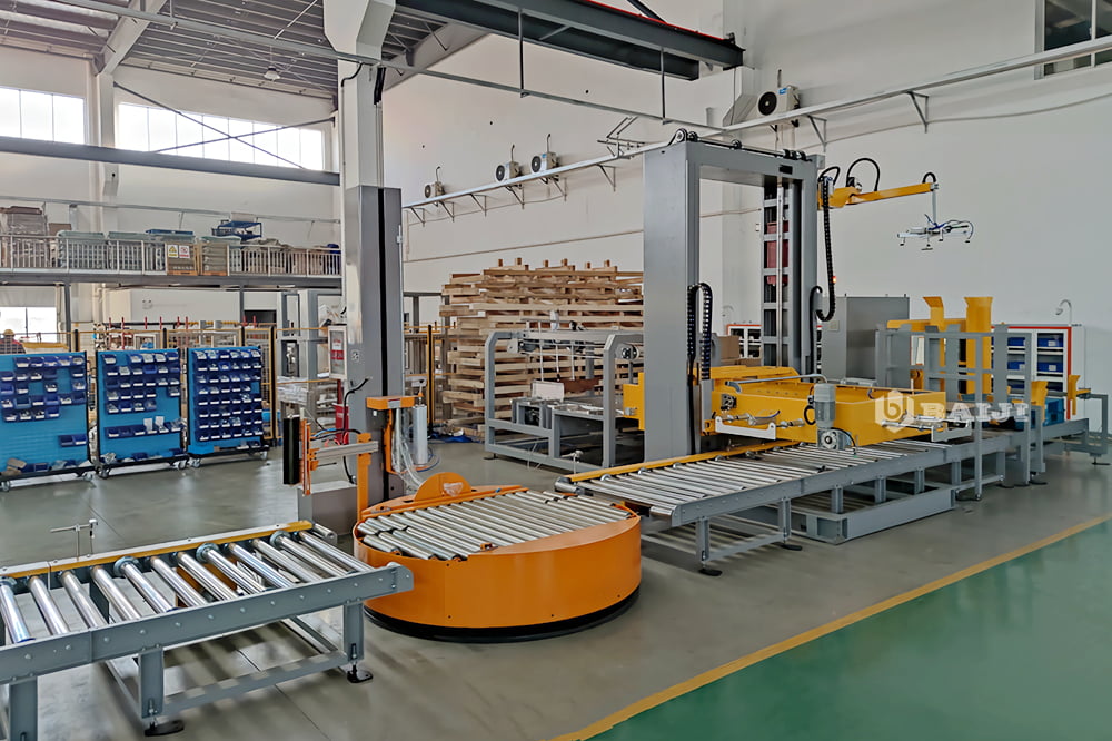 turntable pallet stretch film wrapping machine with conveyor wrapper finished product beverage industry PE film package carton box 5.jpg